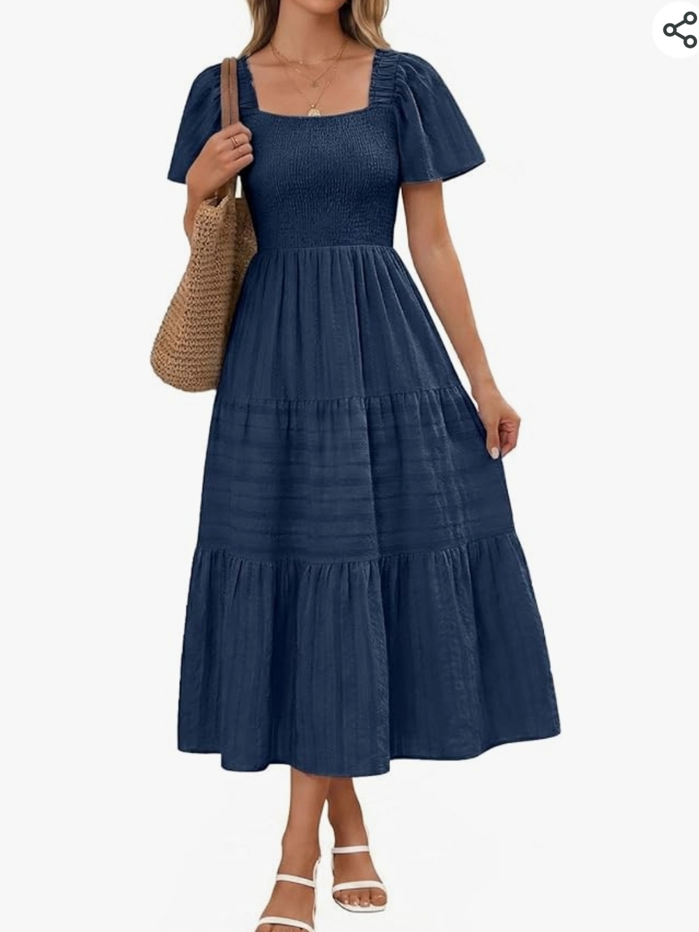 Smocked Square-Neck Tiered Midi Dress in Navy Size Medium